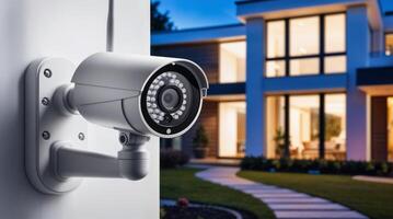Home Security Camera Mounted on White Wall with Modern House in Background photo