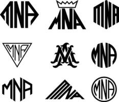 Initial letter MNA with triangle, polygonal, circle monogram logo design vector