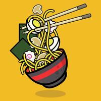 noodles with chopsticks in a bowl on a yellow background vector