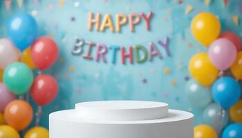 Happy Birthday Blank White Tabletop Display with Colorful Balloons and Festive Blurred Background. photo