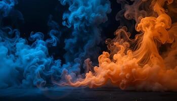 Ethereal Mystic Smoke Blue Orange Spectral Fog on Black Background, Isolated floor magic wispy photo