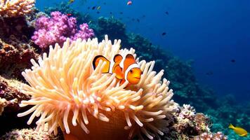 Captivating underwater world, A vibrant anemone sheltering a clownfish in coral reef video