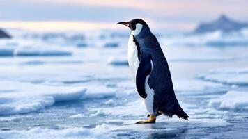 Isolated penguin adventures across arctic terrain. Scenic ice landscape exploration video