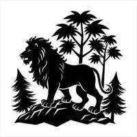Lion standing on a rock with trees and palm trees vector