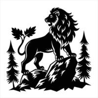 Lion standing on rock with trees vector