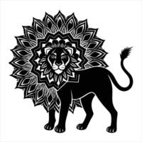 A black and white illustration of a lion with a flower vector