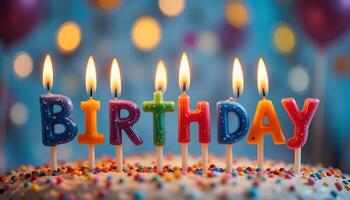 Birthday Candles Spell Out 'Birthday' Festive, Minimalist Design. Warm Glow, Playful Close-Up. joy photo