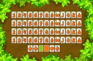 Cartoon Poker playing cards in carrot texture on Board Game top view-ground and leaves. Playing cards and Top Down Game Background for poker, solitaire, match3 or more board games vector