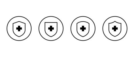 Shield protection outline icon set on circle line. Healthy, health badge with plus sign symbol vector