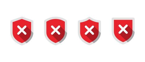 Shield x cross mark icon set with long shadow vector