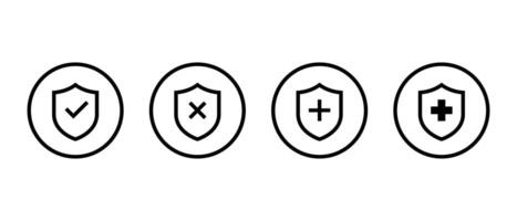 Safe, unsafe, and health badge icon on circle line. Shield with check mark, x cross and plus sign symbol vector