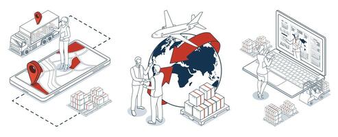 3D isometric scenes depicting multi modal export import operations with Delivery autonomous robots vector