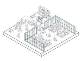A modern logistics warehouse concept featuring autonomous robots, Industrial Internet of Things IoT and transportation operation services for efficient supply chain and inventory management. vector