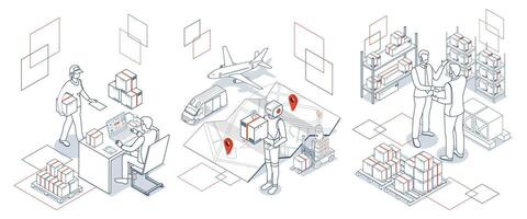 3D isometric scenes depicting multi modal export import operations with Delivery autonomous robots AMR, AGV in a modern warehouse with advanced logistics and supply chain management solutions. vector