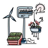 Vertical Farming Tech Hand-drawn illustration of automated vertical farm setup with pH reader, irrigation, grow light. Ideal for agtech, innovation, sustainability content vector