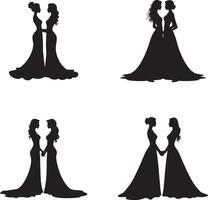 Set of two brides facing each other silhouette icon illustration isolated on white background vector