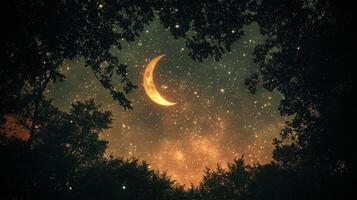Crescent moon night sky, trees, stars, fantasy background, ideal for dreamscape design photo