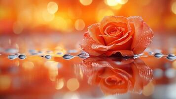Orange rose, water droplets, reflection, bokeh background, romantic photo