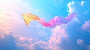 Colorful kite soaring, pastel sky, sunny day, freedom concept photo