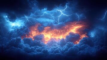 Fiery storm clouds, lightning strikes, dark sky, dramatic weather, background image photo