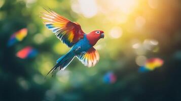Colorful parrot in flight, rainforest background, vibrant sunlight photo