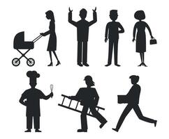 A set of silhouettes of people in different situations and different professions. Men and women. vector