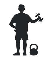 Black silhouette icon of a man with dumbbells on a white background. Healthy lifestyle concept. vector