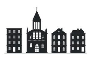 Icon of black silhouettes of buildings with church on white background. Architecture. vector