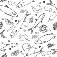 Sea fish sardine and vegetables monochrome seamless pattern hand drawn. Anchovy black white contour drawing. Fishes, herbs, tomatoes and jalapeno graphic linear style for prints, wrapping paper vector