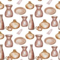 Various pottery different shape and size seamless pattern isolated. Clay dishes handcrafted in neutral tones watercolor print. Pattern with utensil handmade for design textile, package, paper. vector