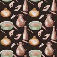 Women hands and pottery items in pastel tone hand drawn seamless pattern isolated. Two hands, jug and clay dishes watercolor endless print. Design pattern with pottery vase for textile, packaging. vector