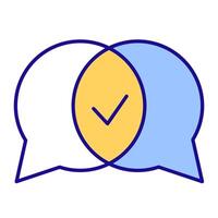 Communication RGB color icon. Discussion, conversation. Chat bubbles, internet. Networking, messages. Checkmark, success. Isolated illustration. Simple filled line drawing. Editable stroke vector