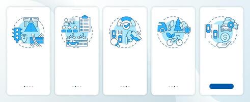 Traffic management pillars blue onboarding mobile app screen. Walkthrough 5 steps editable graphic instructions with linear concepts. UI, UX, GUI template vector
