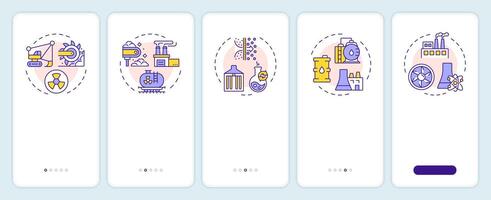Nuclear fuel cycle onboarding mobile app screen. Power generation. Walkthrough 5 steps editable graphic instructions with linear concepts. UI, UX, GUI template vector