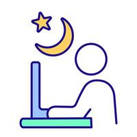 Overtime work RGB color icon. Workflow organization, overwork. Remote technology, computer. Business, corporate. Isolated illustration. Simple filled line drawing. Editable stroke vector