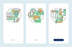 Cooperative learning types onboarding mobile app screen. Walkthrough 3 steps editable graphic instructions with linear concepts. UI, UX, GUI template vector