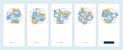 Cooperative learning structures onboarding mobile app screen. Walkthrough 5 steps editable graphic instructions with linear concepts. UI, UX, GUI template vector