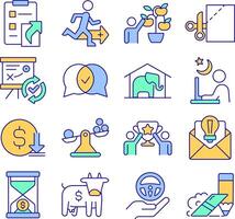 Business idioms RGB color icons set. Team work organization, achievement. Problem solving, economics. Isolated illustrations. Simple filled line drawings collection. Editable stroke vector