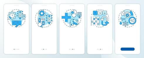 Traffic management strategies blue onboarding mobile app screen. Walkthrough 5 steps editable graphic instructions with linear concepts. UI, UX, GUI template vector