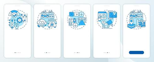 Benefits of traffic management blue onboarding mobile app screen. Walkthrough 5 steps editable graphic instructions with linear concepts. UI, UX, GUI template vector