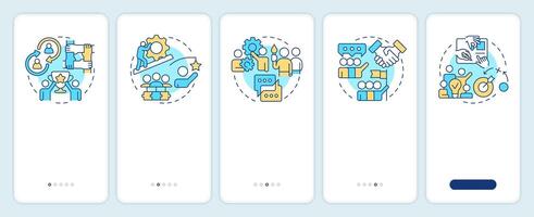 Cooperative learning elements onboarding mobile app screen. Walkthrough 5 steps editable graphic instructions with linear concepts. UI, UX, GUI template vector