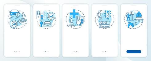 Pedestrian safety blue onboarding mobile app screen. Traffic. Walkthrough 5 steps editable graphic instructions with linear concepts. UI, UX, GUI template vector