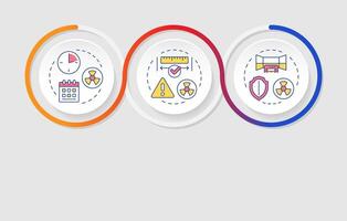 Principles of radiation exposure infographics circles sequence. Nuclear waste safe conservation. Visualization layout with 3 steps. Info chart loop process presentation vector