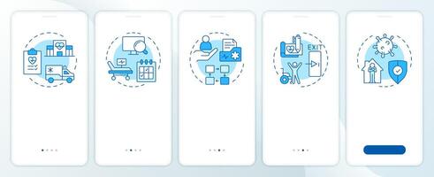 Hospital bed management blue onboarding mobile app screen. Walkthrough 5 steps editable graphic instructions with linear concepts. UI, UX, GUI template vector