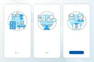 Components of UM blue onboarding mobile app screen. Medicine. Walkthrough 3 steps editable graphic instructions with linear concepts. UI, UX, GUI template vector