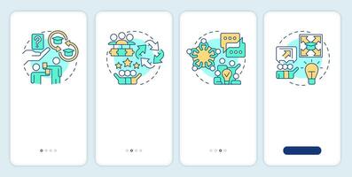Cooperative learning strategies onboarding mobile app screen. Walkthrough 4 steps editable graphic instructions with linear concepts. UI, UX, GUI template vector