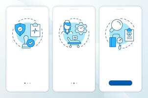Types of utilization management blue onboarding mobile app screen. Walkthrough 3 steps editable graphic instructions with linear concepts. UI, UX, GUI template vector