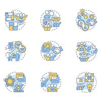 Cooperative learning multi color concept icons. Teamwork, communication. Studying, education. Icon pack. Round shape illustrations for infographic, presentation. Abstract idea vector