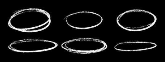 Crayon highlight chalk oval set with white textured strokes on black background. vector