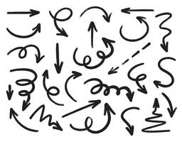 Black crayon arrow collection with curved and straight, spiral and zigzag, circular, wavy directional pointers. vector